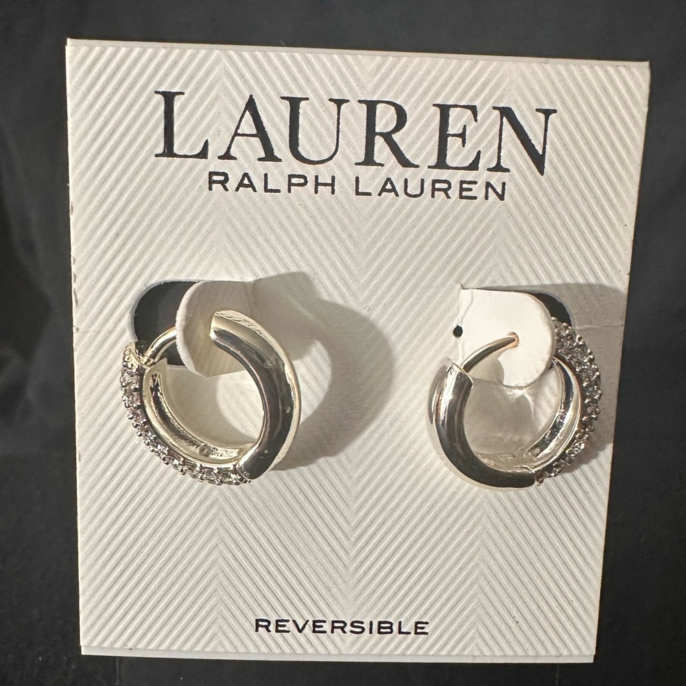 NWT Lauren Ralph Lauren Crystal Pave Huggie Small Hoop Earrings 1/2" - Silver - Picture 2 of 6